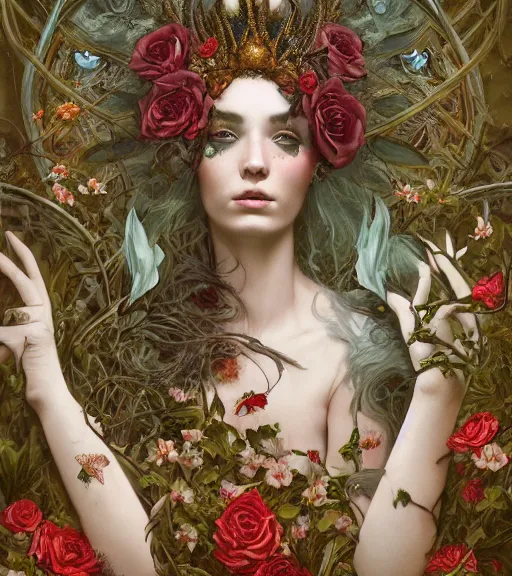 Image similar to portrait of the supreme queen of the blood cult, surrounded by skulls and overgrowth and dark flowers by karol bak, James Jean, tom bagshaw, rococo, trending on artstation, fantasy magic, fashion girl cinematic lighting, hyper realism, octane render, 8k, hyper detailed.