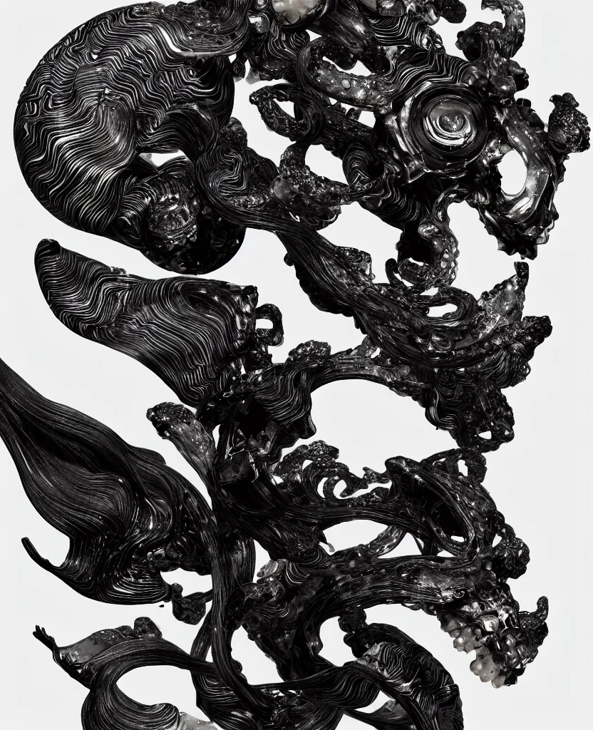 Image similar to goddess princess face close-up portrait ram skull. sculpture made of black and dichroic. jellyfish phoenix head, nautilus, orchid, skull, betta fish, bioluminiscent creatures, intricate artwork by Tooth Wu and wlop and beeple. octane render, trending on artstation, greg rutkowski very coherent symmetrical artwork. cinematic, hyper realism, high detail, octane render, 8k