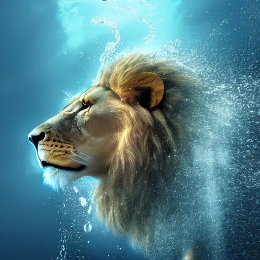 Prompt: a male lion's face breaching through a wall of water, headshot, water sprites, splashing, air bubbles, deep blue ocean, highly detailed, realistic digital art, trending on artstation