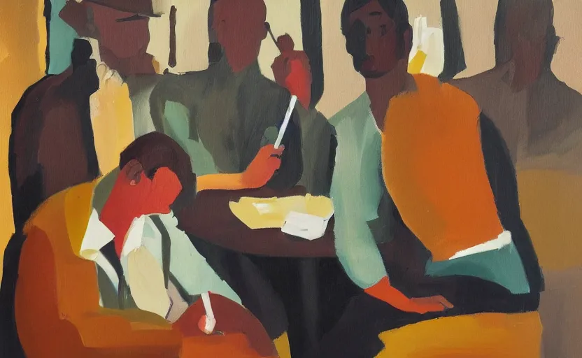 Image similar to oil painting in the style of john craxton sailors in the shadows of a pub. playing cards. brush marks. strong lighting. holding cigerettes. smoking. bar. seated figure hands on table. strong expressions on faces. cheekbones. aesthetics to ivon hitchins. line drawing on painting,