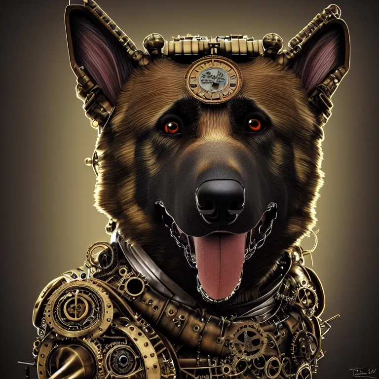 Image similar to steampunk cybernetic biomechanical german shepard, front facing, symmetric, 3 d model, very coherent symmetrical artwork, unreal engine realistic render, 8 k, micro detail, intricate, elegant, highly detailed, centered, digital painting, artstation, smooth, sharp focus, illustration, artgerm, tomasz alen kopera, wlop