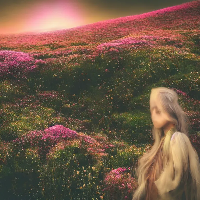 Prompt: a planet of various flowers, fungus and plants, in which the singular human figure is dressed in something magical and impressive, inside the picture is infinity, sunset light, Atmospheric phenomenon, artistic photography, muted colors, conceptual, long exposure outside the city, volumetric light
