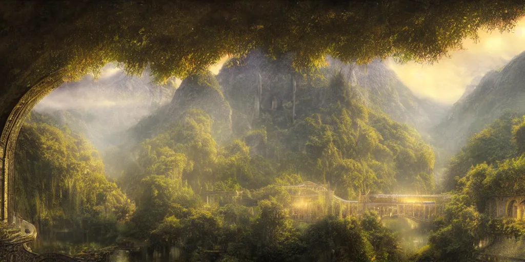 Prompt: Rivendell, looking out from the balcony, evening, detailed matte painting, cinematic, Alan Lee, Artstation