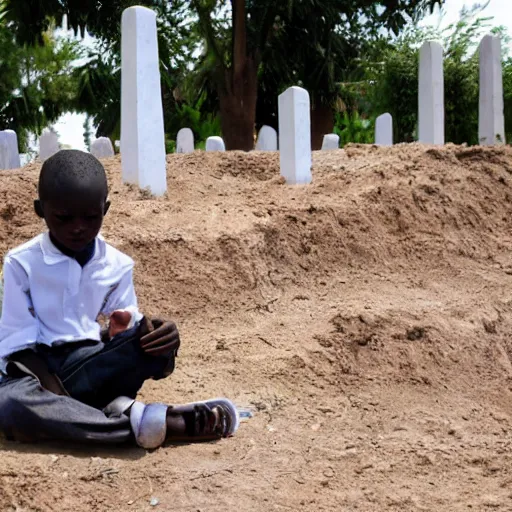 Prompt: a nigerian boy sitting next to a grave, the grave has an engraved text that says rip anglettere super detailed, accurate text, sunflare.