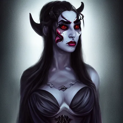 Image similar to portrait of a beautiful female tiefling, misfits facepaint, dark robes, moonlight, D&D, sharp focus, concept art, realistic, cinematic lighting, fantasy digital painting