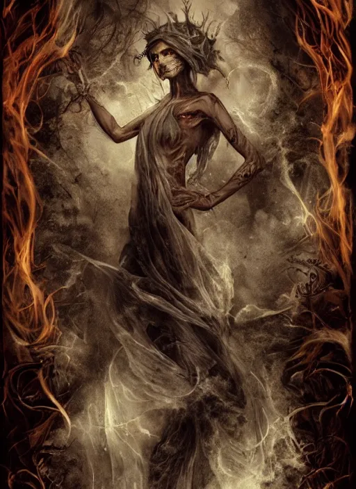 Prompt: a horror tarot card design with intricate details of soul leaving the body in smokes :: bastien lecouffe deharme