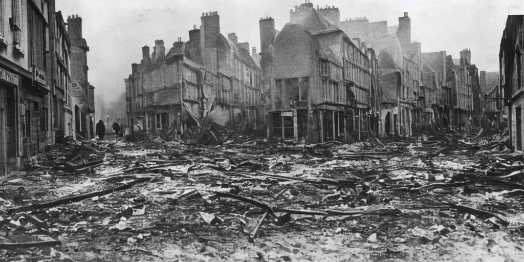 Image similar to a photo of a street of saint - malo en fire after a bombing at night in 1 9 4 5