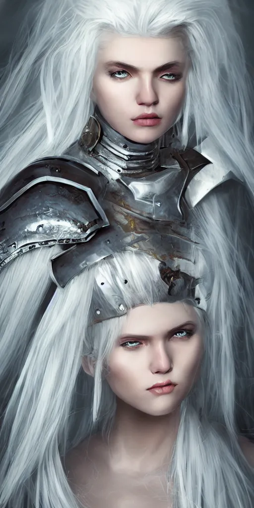 Image similar to divine white - haired female knight, beauty, dynamic lighting, close - up, high detail, photographs, realism, 3 d, cinematic lighting, post - processing, concept art, mary magni's style