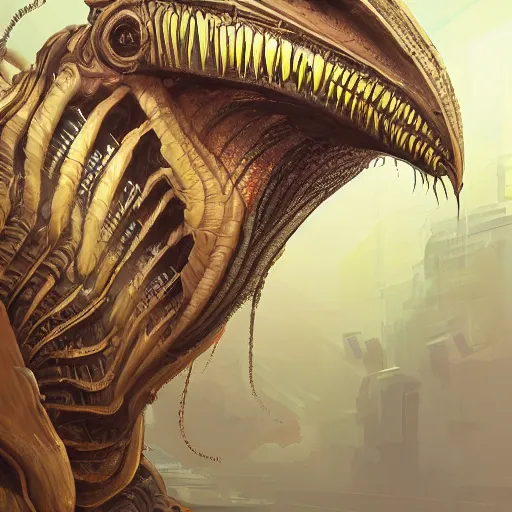 Image similar to professional concept art portrait of a predatory alien species on a depth of field background, by cam sykes. an intricate, elegant, highly detailed digital painting, concept art, smooth, sharp focus, illustration, in the style of syd mead.