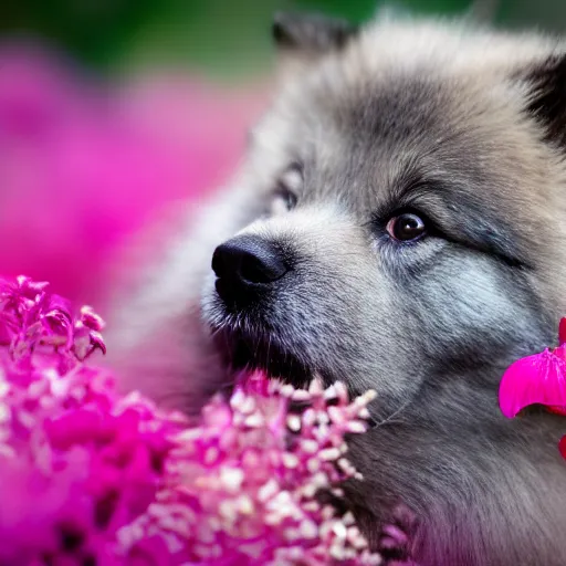 Image similar to a keeshond puppy smelling a flower, sigma 8 5 mm f / 1. 4