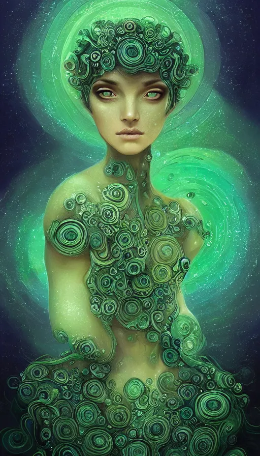 Prompt: portrait of spiritual earth elemental ,intricated, fantasy, gradient green black, dreamy and ethereal, (colour) eyes, one head, golden ratio, peaceful expression, ornate frilly dress, fantasy, intricate, elegant, rainbow bubbles, highly detailed, digital painting, artstation, concept art, smooth,b sharp focus, illustration, art by artgerm and greg rutkowski and alphonse mucha