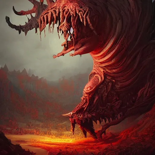 Image similar to A beautiful and cruel new land with Twisted monsters. deep colours. Photorealistic digital arts. Cinematic. Smooth. Greg Rutkowski, John Martin, Peter Kemp, Daarken, Dan Mumford.