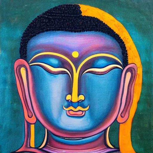 Image similar to a painting of a buddha with his eyes closed, an oil on canvas painting by ram chandra shukla, shutterstock, figurativism, creative commons attribution, photoillustration, fractalism