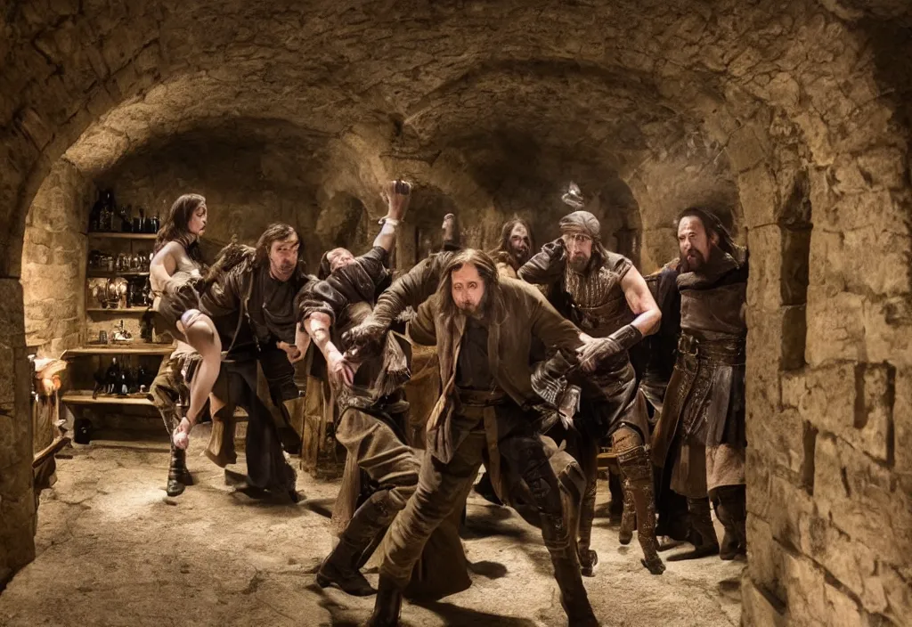 Prompt: photography crowd of emma watsons fight with nicholas cage in a medieval wine cellar detailed matte painting,