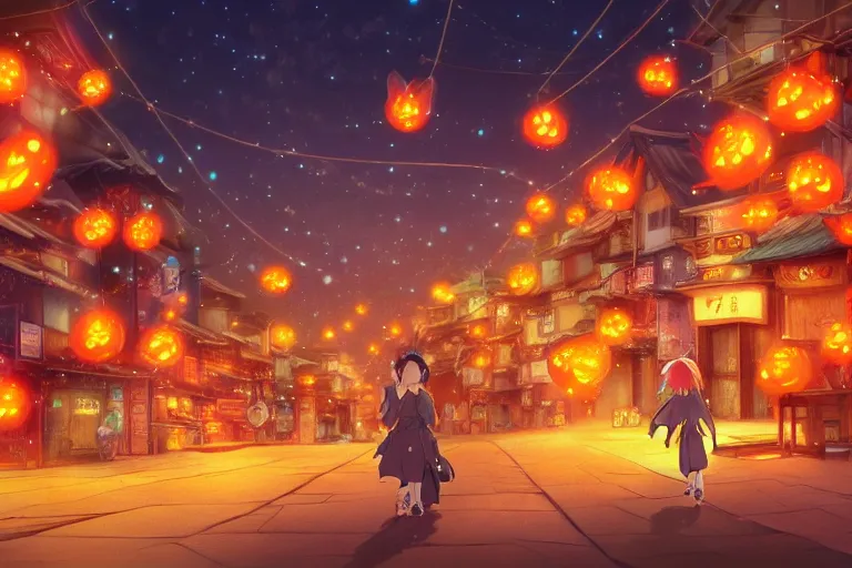 Image similar to fantasy art of glowing goldfish swimming in the air, in the streets of a japanese town at night, with children outside watching in wonder, in the style of studio ghibli and makoto shinkai, highly detailed digital art, trending on artstation