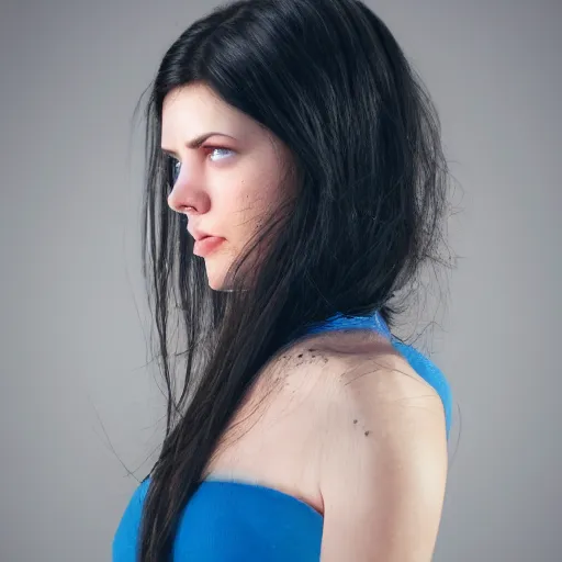 Prompt: album cover, girl with blue eyes, long dark hair, turned head to face camera from behind, 8K, volumetric lighting, highly detailed, immaculate scale, hyper-realistic