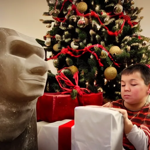 Prompt: a kid at christmas disappointed and sad looking a giant moai statue, his hands buried in his face, sitting down. | inside of a house next to a christmas tree, large opened present box next to the moai