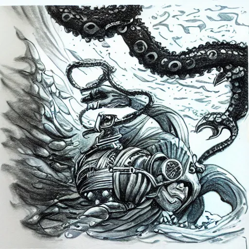 Image similar to old drawing of a scuba diver fighting against a kraken underwater, under water scenery, dramatic lighting, intense, epic, drawing, sketchbook