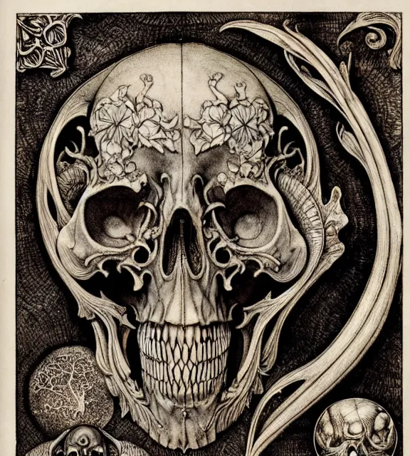 Image similar to memento mori by arthur rackham, art forms of nature by ernst haeckel, exquisitely detailed, art nouveau, gothic, ornately carved beautiful skull dominant, intricately carved antique bone, art nouveau botanicals, ornamental bone carvings, art forms of nature by ernst haeckel, horizontal symmetry, arthur rackham, ernst haeckel, symbolist, visionary