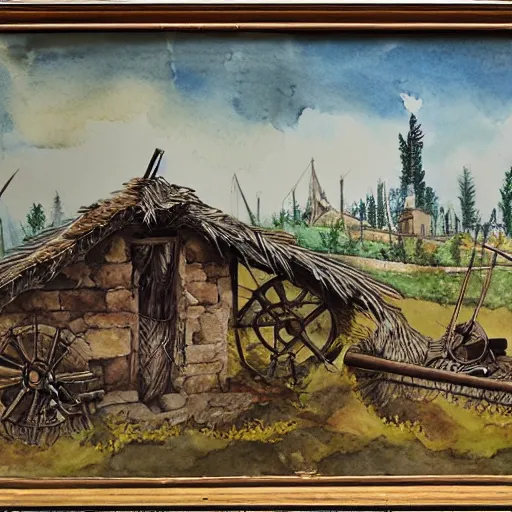 Prompt: artistic reconstruction of an early slavic stronghold, watercolor