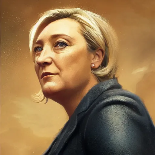 Prompt: Portrait of Marine le Pen , heroic, amazing splashscreen artwork, splash art, head slightly tilted, natural light, elegant, intricate, fantasy, atmospheric lighting, cinematic, matte painting, detailed face, by Greg rutkowski