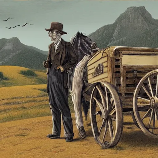 Image similar to a man in old fashioned clothes waits by the side of the road with his suitcase, looking at a coach with 4 horses is in front of him, night time in the mountains highly detailed in the style of edward gorey, artgerm, 8 k resulution - c 5