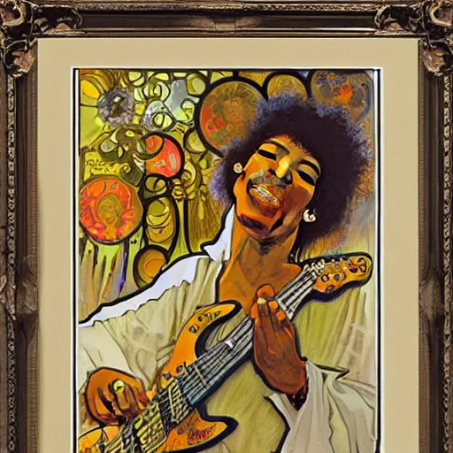 Image similar to Jimy Hendrix playing electric guitar by Alfons Mucha, masterpiece