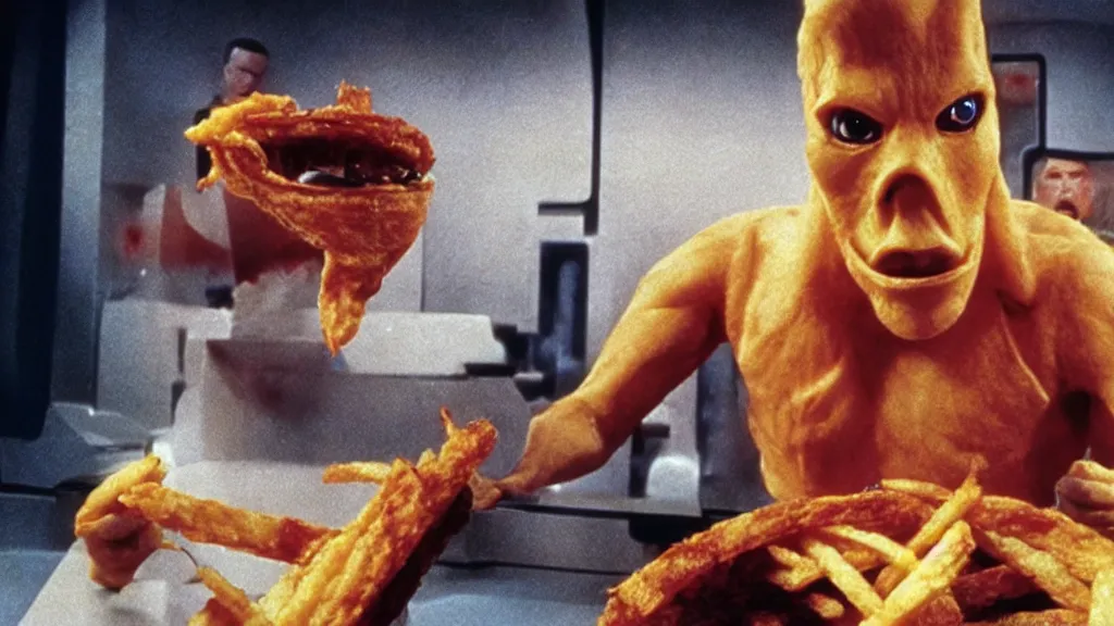 Image similar to french fry monster fighting Star Trek Characters, film still from the movie directed by Denis Villeneuve with art direction by Salvador Dalí, wide lens