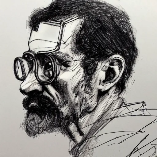 Image similar to a realistic yet scraggly portrait sketch of the side profile of a stern and sophisticated gordon freeman, trending on artstation, intricate details, in the style of frank auerbach, in the style of sergio aragones, in the style of martin ansin, in the style of david aja, in the style of mattias adolfsson