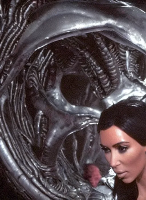 Image similar to movie still of kim kardashian looking up as she's being swallowed by an xenomorph, in the movie alien. goo, saliva, sweat, oily substances.