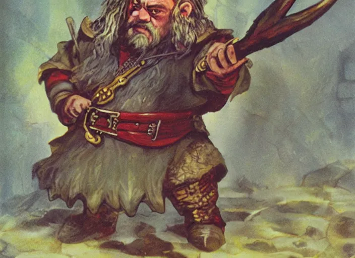 Image similar to a dwarf sorcerer holding a pickaxe and a large jewel. his eyes are glowing. high fantasy art ( 1 9 8 7 )