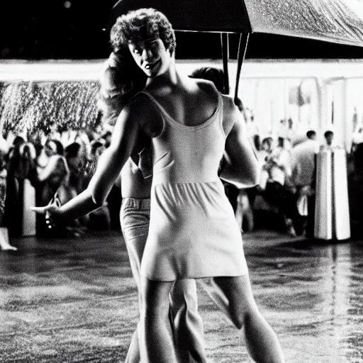 Image similar to dirty dancing poster with closeup portrait of young arnold schwarzenegger dancing with jennifer lawrence in the rain, 5 0 mm cinema shot, beautiful light, best lense, 9 0 s romantic movie, 4 k