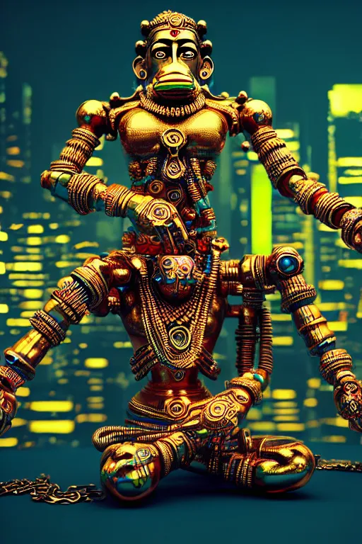 Image similar to high quality 3 d render colorful deconstructed cyborg! hanuman sitting, gold madhubani, highly detailed, cyberpunk!! mumbai in the background, vray cinematic smooth, liam wong, moody light, low angle, uhd 8 k, sharp focus