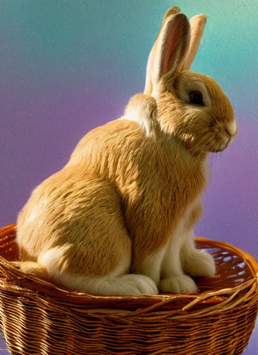 Prompt: a 3 5 mm photo of a lop - eared bunny sitting in an easter basket full of colorful easter eggs, bokeh, canon 5 0 mm, cinematic lighting, film, photography, golden hour, depth of field, award - winning, art by greg rutkowski, maxfield parrish and alphonse mucha