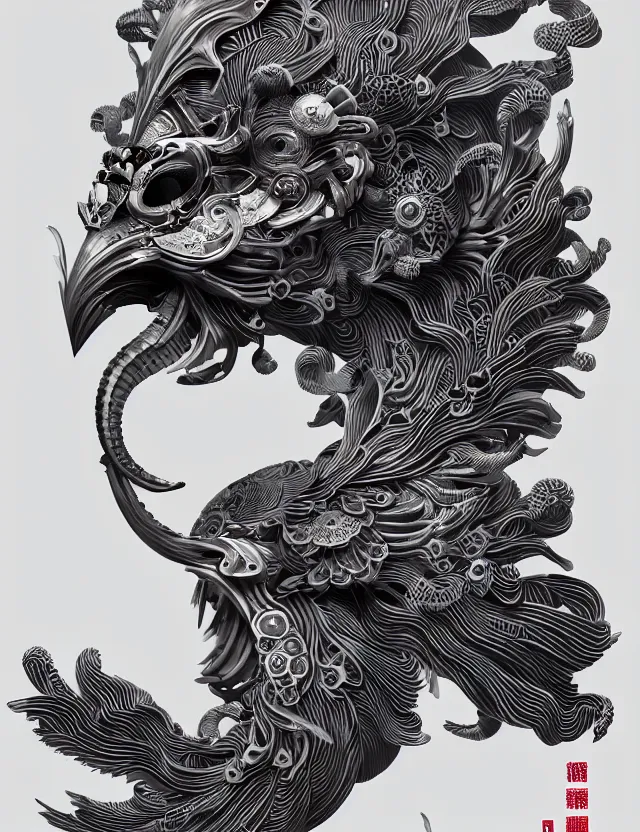 Image similar to 3 d abstract ornament. ram skull. beautiful intricately detailed japanese crow kitsune mask and clasical japanese kimono. betta fish, jellyfish phoenix, bio luminescent, plasma, ice, water, wind, creature, artwork by tooth wu and wlop and beeple and greg rutkowski