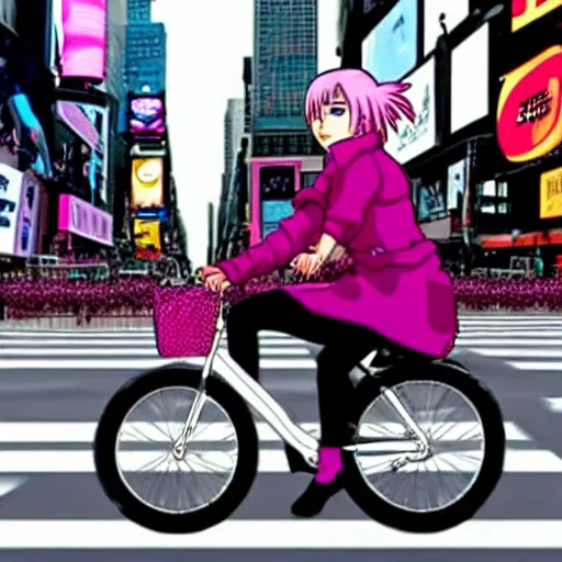 Prompt: Photo of Sakura Haruno riding a bike in the Times Square