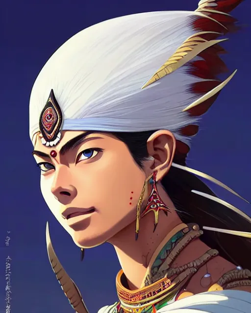 Image similar to indian warrior, doutzen kroes, detailed perfect face, exquisite details, septum piercing!!!!, wind magic, mid view, design on a white background, by studio muti, greg rutkowski makoto shinkai takashi takeuchi studio ghibli