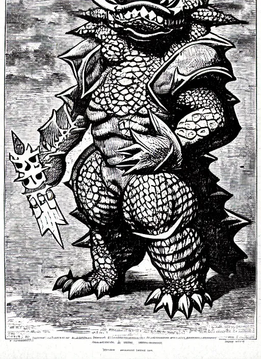 Image similar to illustration of bowser the king koopa as a demon from the dictionarre infernal, etching by louis le breton, 1 8 6 9, 1 2 0 0 dpi scan, ultrasharp detail, clean scan