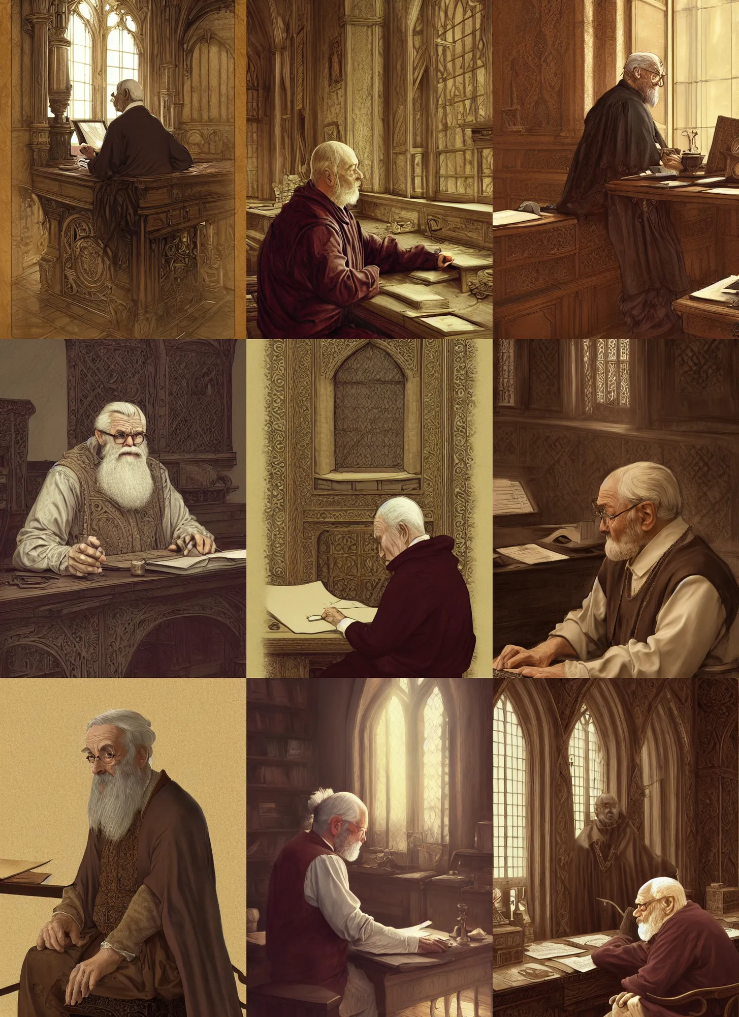 Prompt: old man sit behind desk, medieval, intricate, elegant, highly detailed, digital painting, artstation, concept art, smooth, sharp focus, illustration, artgerm, rutkowski, mucha