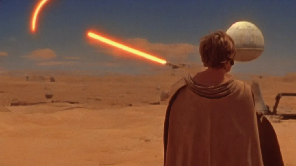 Prompt: film still Luke skywalker watches tatooine binary sunset Star Wars a new hope 1977