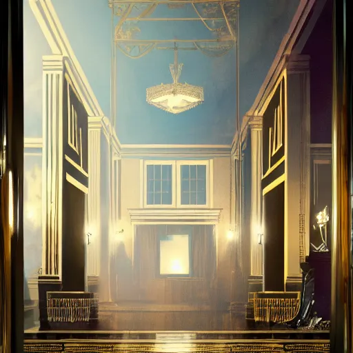 Image similar to Gallery exhibition in a 1920's style mansion, great gatsby, cinematic Light, Soft illumination, cinematic composition, wide-angle, atmospheric, matte painting, Trending on artstation.-H 768