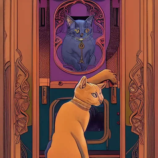 Prompt: a cat wearing a hooded cloak, in an elevator with art nouveau neon panelling, by moebius and james gurney and james jean and greg rutkowski, 8 k