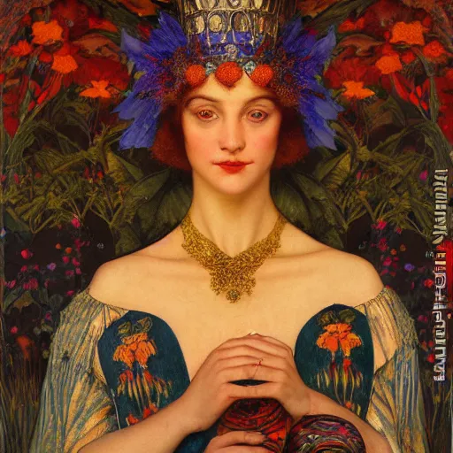 Prompt: queen of twilight with her lantern, by Annie Swynnerton and Diego Rivera and Tino Rodriguez and Maxfield Parrish, elaborate headdress and embroidered velvet, iridescent beetles, rich color, dramatic cinematic lighting, extremely detailed