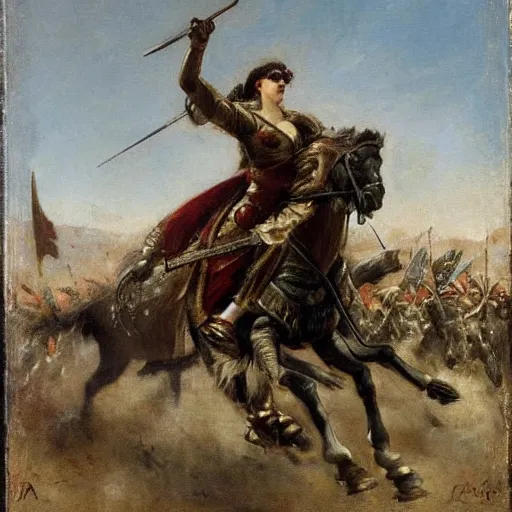 Image similar to action heroine leading an army into battle, by alfred stevens