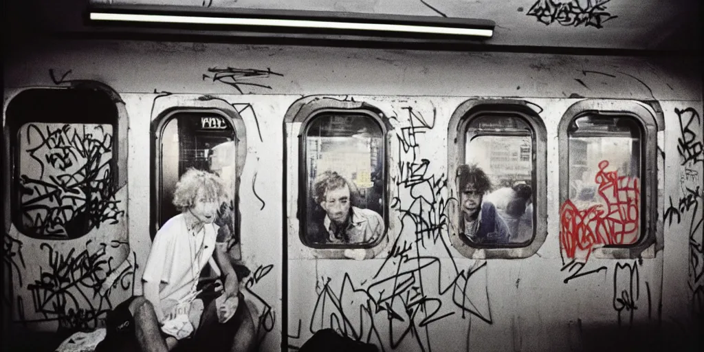 Image similar to new york subway cabin 1 9 8 0 s inside all in graffiti, policeman closeup, coloured film photography, christopher morris photography, bruce davidson photography