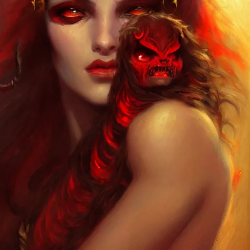 Prompt: attractive demon queen with red eyes painting by gaston bussiere, luis rollo, portrait, digital painting, highly detailed, artstation, sharp focus, illustration, concept art