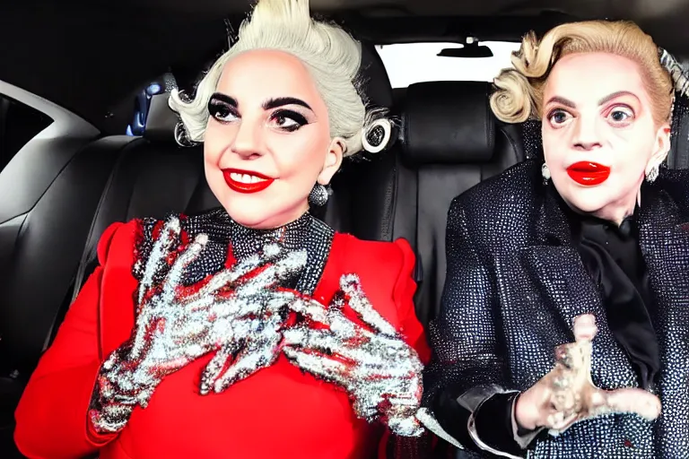 Image similar to lady gaga and judy garland doing carpool karaoke, lady gaga and judy garland, carpool karaoke, lady gaga, judy garland, carpool karaoke, youtube video screenshot, the late late show with james cordon