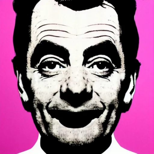 Image similar to a portrait of Mr Bean, made by Andy Warhol, two tone, very high contrast, only black and white, simplistic, extremely high contrast, two tone, notan art, by Andy Warhol, minimalistic,