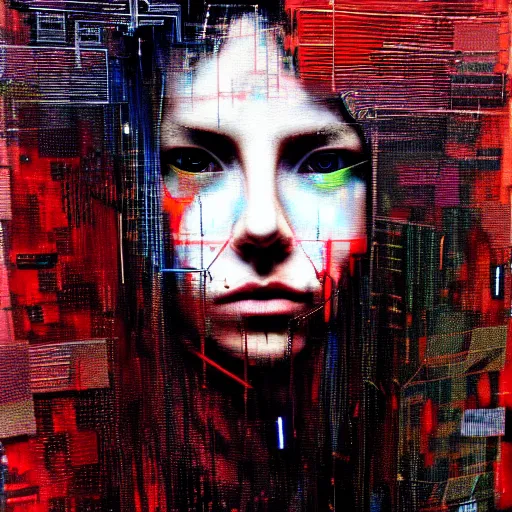 Prompt: hyperrealistic portrait of a mysterious cyberpunk woman with flowing hair, by Guy Denning, Johannes Itten, Russ Mills, glitch art, hacking effects, glitch effects, digital tech effects, cybernetics, detailed lines, holographic, chromatic, color blocking!, oil on canvas, octane, concept art, abstract, red face, 8k, trending on artstation