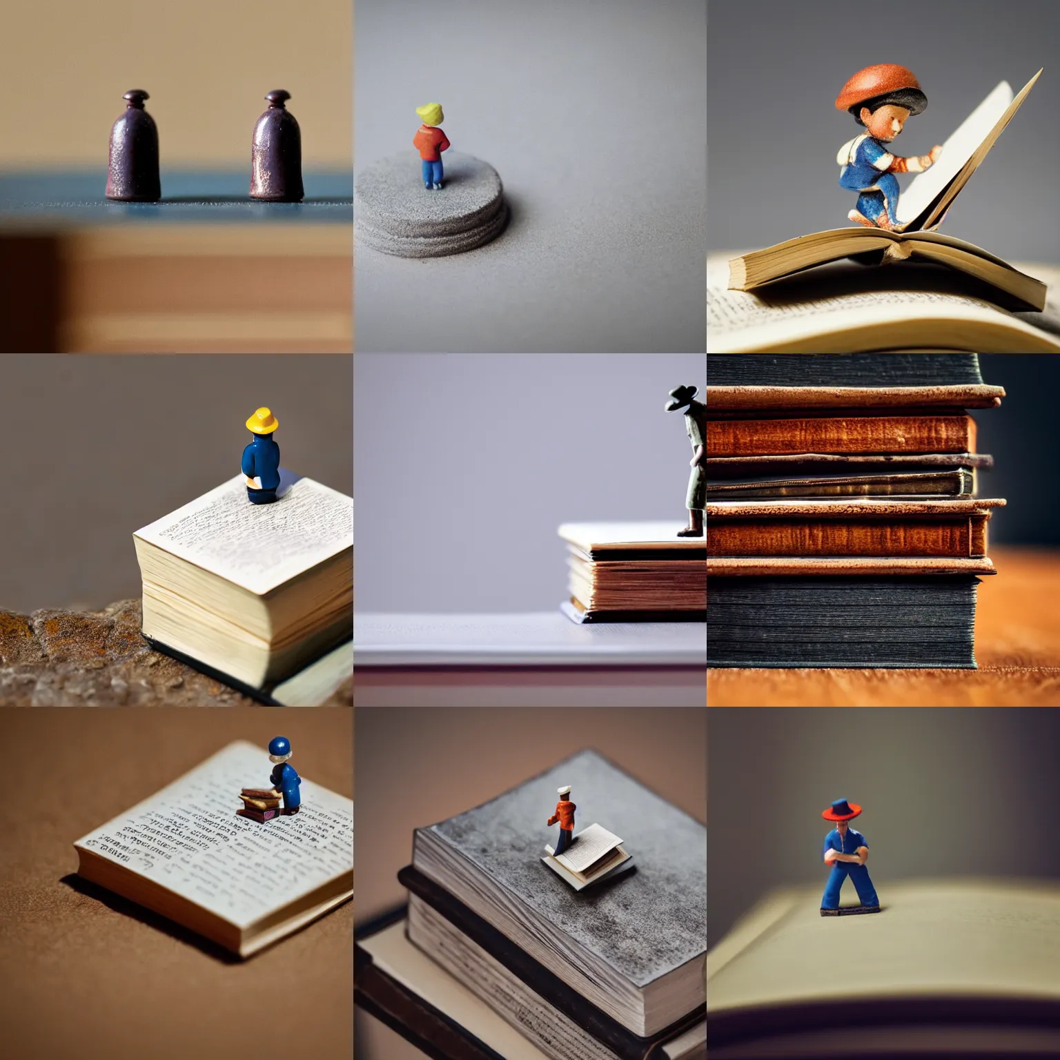 Prompt: a tiny figurine sitting on top of a book, a tilt shift photo by william harnett, featured on unsplash, academic art, shallow depth of field, tilt shift, storybook illustration